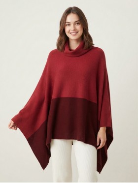 Super Soft Turtle Neck Side Slit Two-Tone Poncho